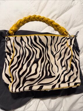 Cowhide leather Zebra Print Shoulder Bag with Yellow leather Braided Handle